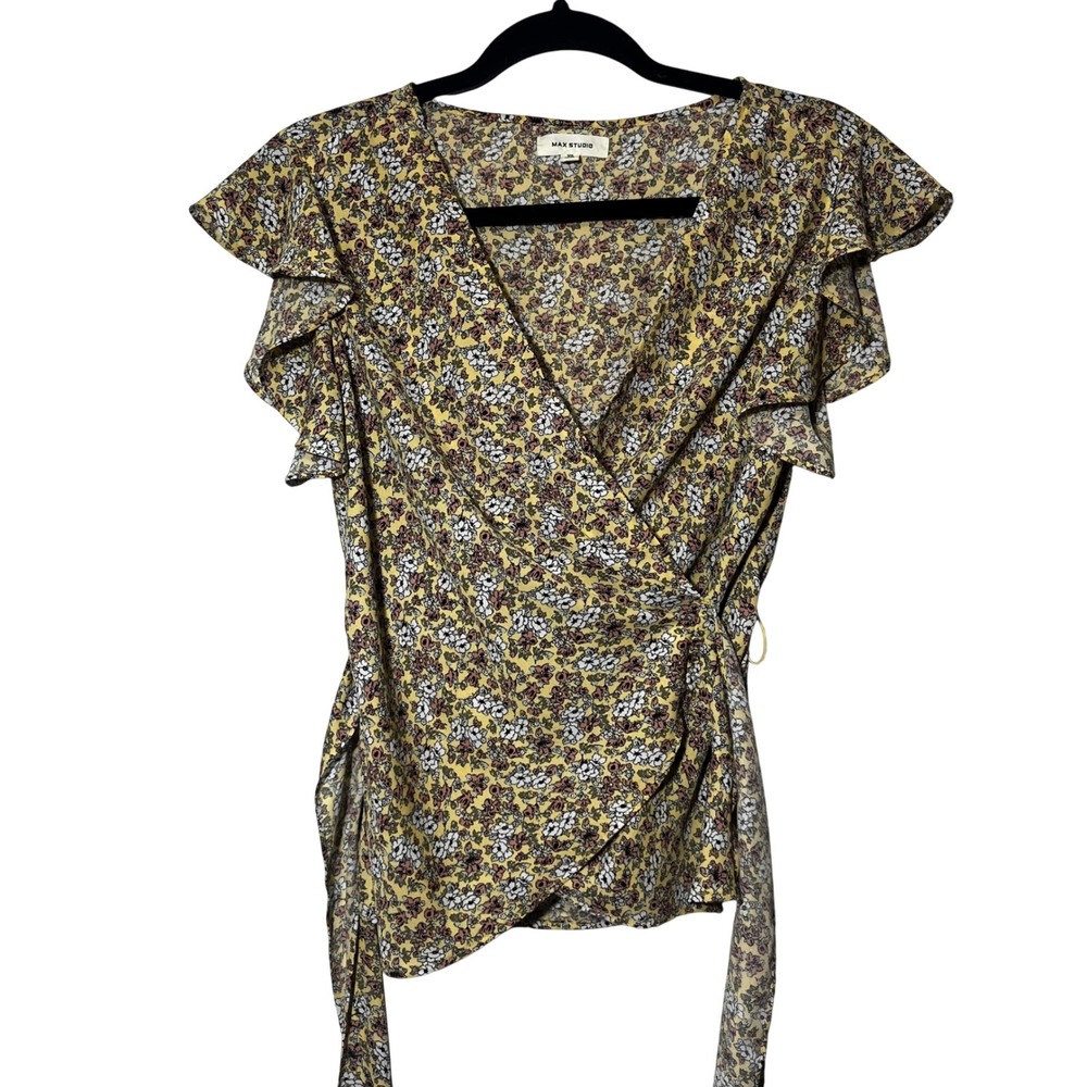 Max Studio Womens Yellow Floral Ruffle Sleeve Wrap Top‎ Blouse Size XS